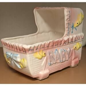 My Neil Vintage 1983 Baby Cradle Planter Pink Bassinet Carriage Nursery Gift